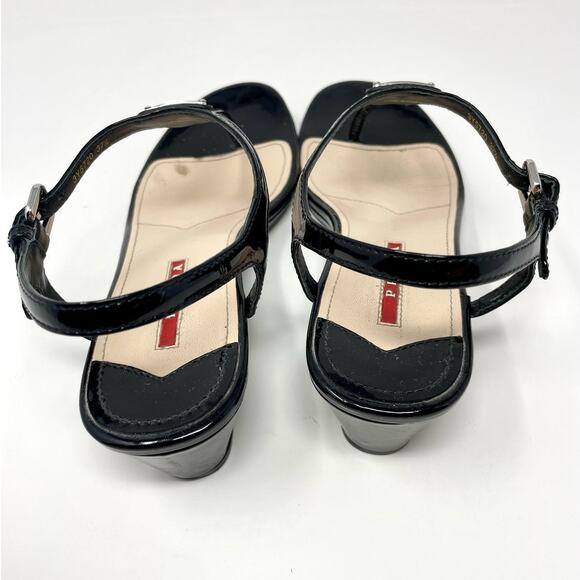 Prada Thong Wedge Sandals Triangle Logo Leather T-Strap Slingback Black EU 37.5 - Picture 6 of 13